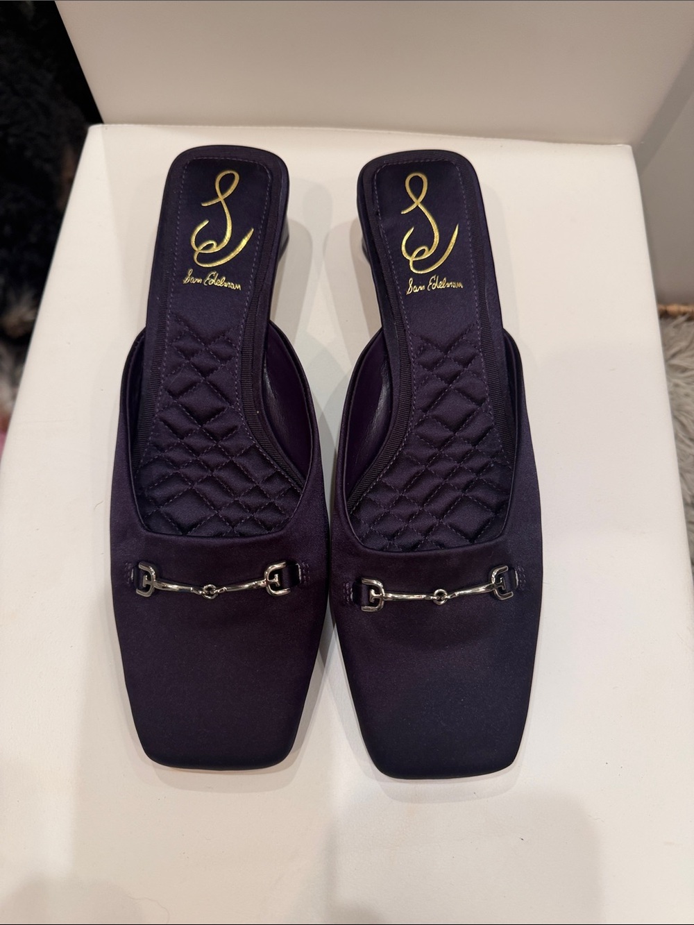 Sam Edelman Women's Navy Blue Satin Mule with Silver Horsebit -never worn
